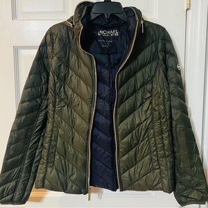 Michael Kors Green Puffer Jacket with Chevron Quilting